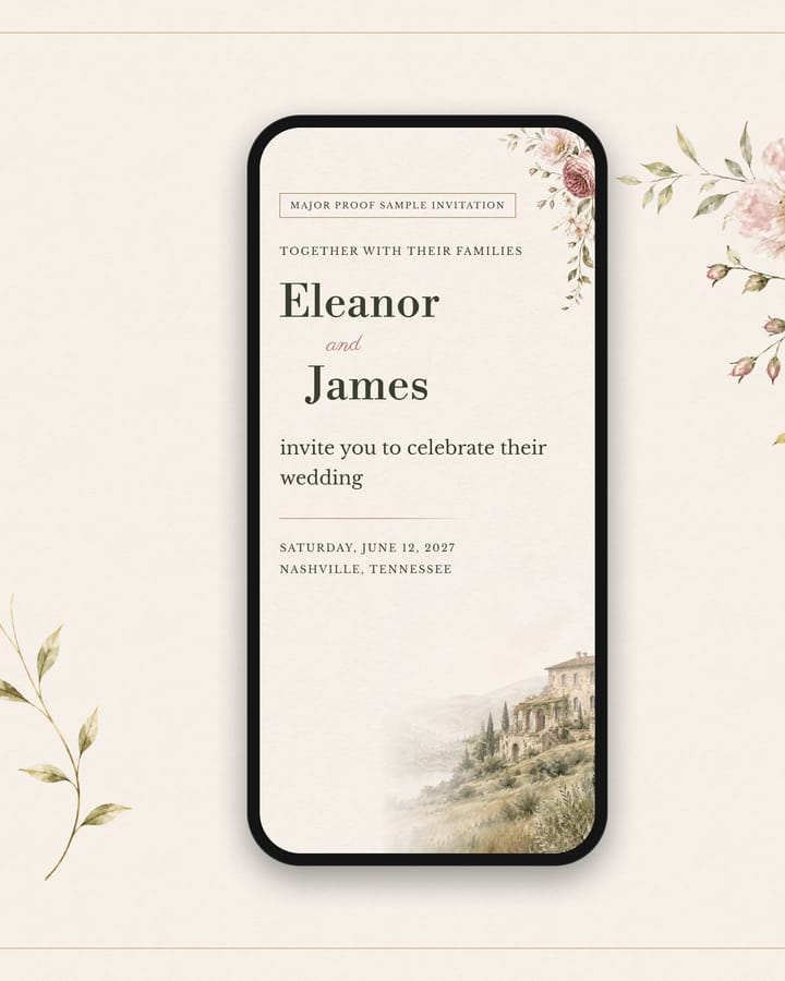A smartphone displaying the Eleanor and James sample invitation on warm parchment, with Collection 01 floral and foliage artwork beside it.